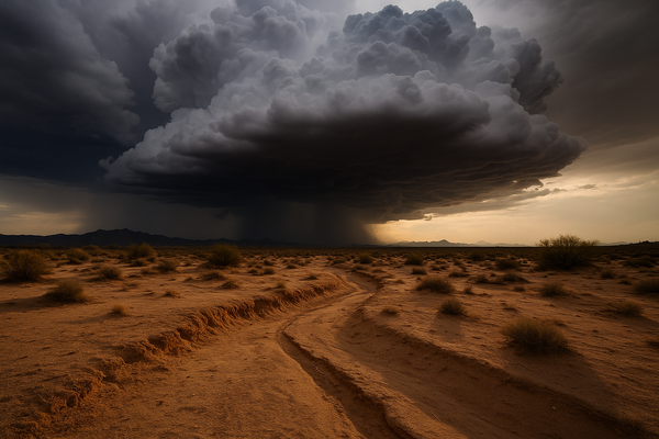 of dark monsoon storm clouds building over a desert landscape at dusk, dry wash in the foreground, no people