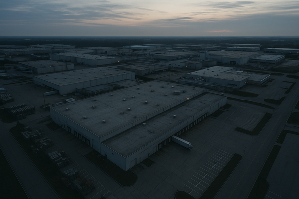 Wide aerial view of an industrial manufacturing facility at dusk, neutral sky, no people, no signage