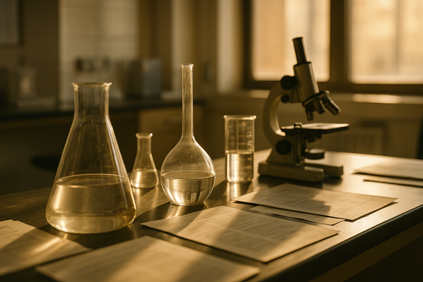 of a laboratory bench with glass flasks and a microscope, warm afternoon light, no people, no text