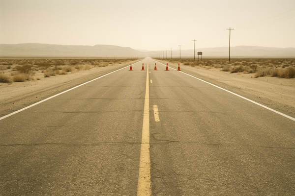of an empty two-lane desert highway stretching toward a flat horizon under a hazy midday sky, orange traffic cones visible in