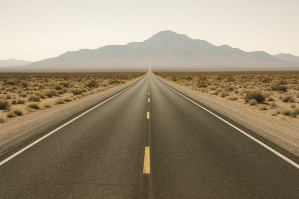of a two-lane desert highway stretching toward distant mountains under a hazy midday sky, no vehicles, no signage visible