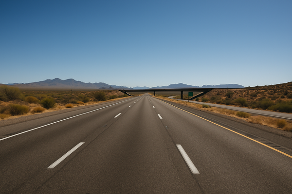 Wide desert highway intersection at midday, empty lanes, Arizona scrubland and distant mountains under a clear blue sky