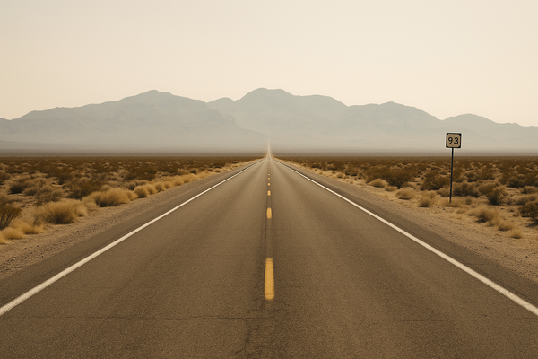 Wide desert highway stretching toward a distant mountain range under a hazy afternoon sky, no vehicles, no text