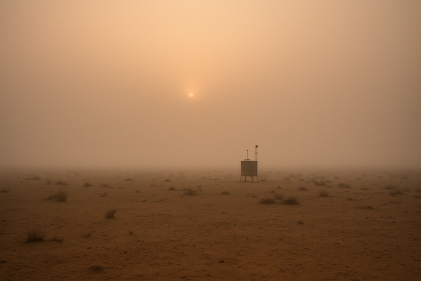 of a hazy desert sky at pre-dawn, orange and grey tones, no people, no text, no landmarks
