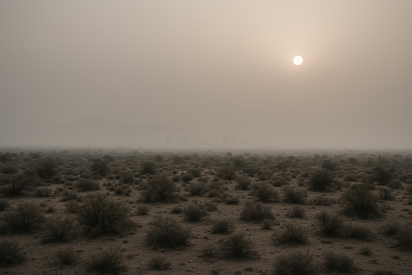 of a hazy Phoenix valley at dawn, sun barely visible through thick particulate haze, desert scrub in the foreground, no peopl