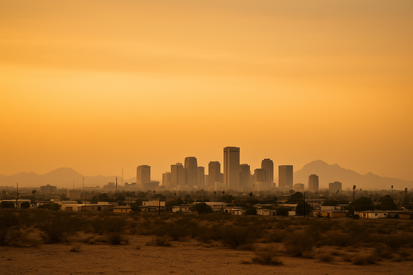 of a hazy Phoenix desert skyline at dusk, orange-tinged sky, no people, no text