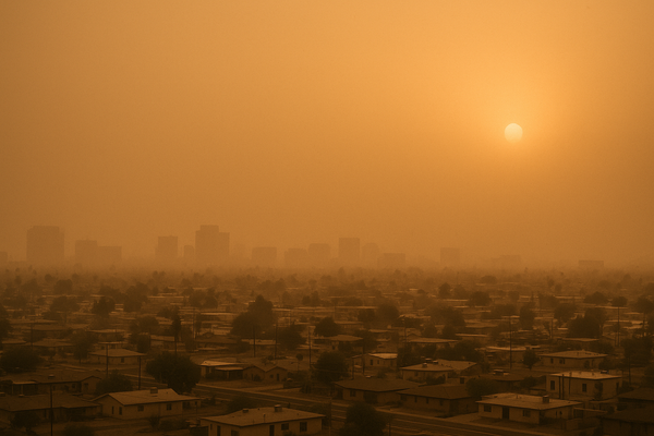 of a hazy orange-tinted desert sky at dusk over a flat urban landscape, no people, no text