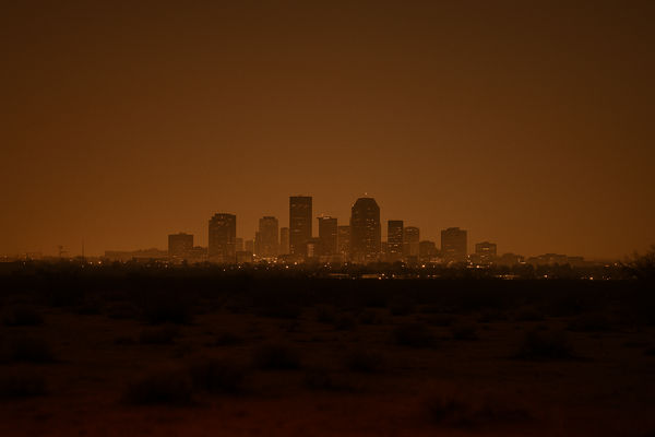 of a hazy Phoenix desert skyline at night, orange glow on the horizon, no people, no text