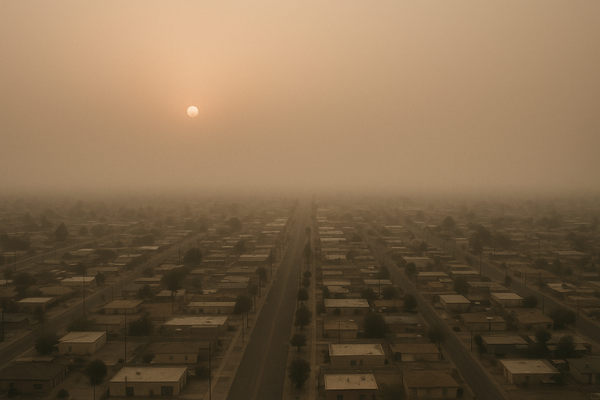 of a hazy desert sky over a flat urban grid at dusk, orange-tinged horizon, no people