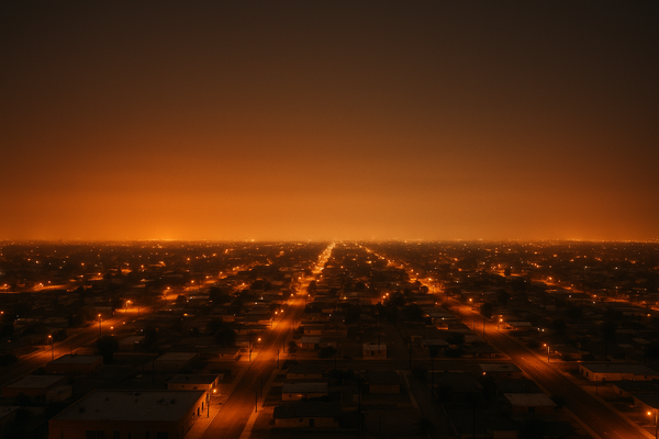 of a hazy desert sky over a flat urban grid at night, orange-tinged horizon, no people