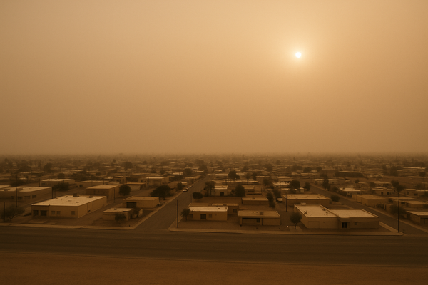 of a hazy desert sky over a flat urban landscape at late afternoon, orange-tinged air, no people