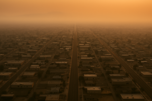of a hazy desert sky at dusk over a flat urban grid, orange-tinged horizon, no people, no text