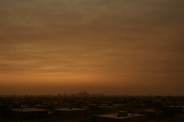 of a hazy desert sky at dusk over a flat urban landscape, orange and brown tones, no people