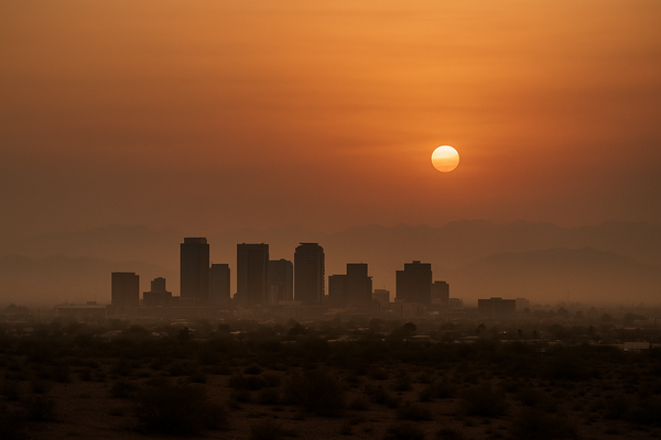 of a hazy Phoenix-area sky at dusk, orange and brown tones, no people, no text, no logos