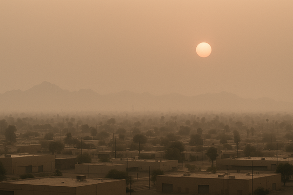 of a hazy desert sky over a flat urban horizon at dusk, orange and brown tones, no people, no text