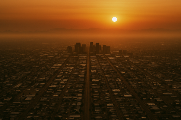 Wide aerial view of a hazy Phoenix valley at dusk, sun low on the horizon, brown-orange smog layer visible over a flat urban