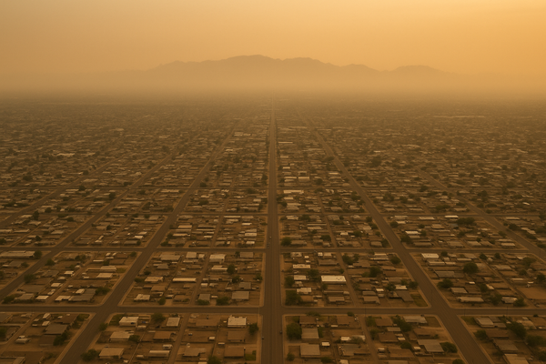Wide aerial view of a hazy desert city skyline at dusk, orange and brown smog layer visible against a pale sky, no people, no