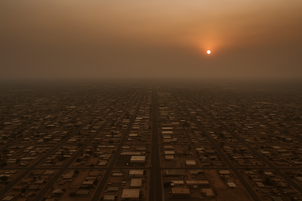 of a hazy desert sky over a flat urban grid at dusk, orange and brown tones, no people, no text