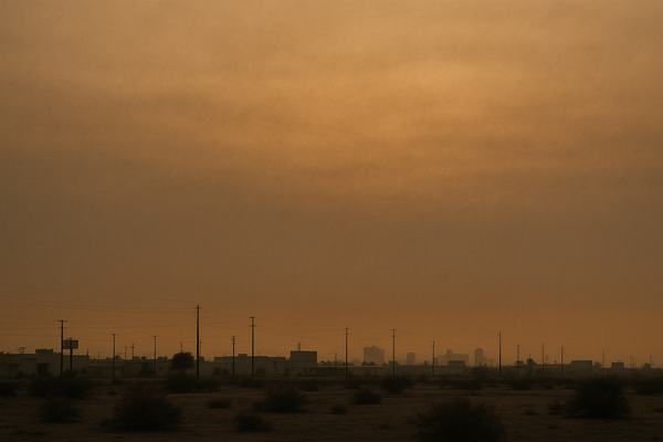 of a hazy orange sky over a flat desert urban landscape at pre-dawn, no people, no text