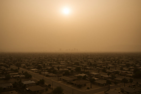 of a hazy desert sky over a flat urban landscape at midday, brown particulate haze visible on the horizon, no people