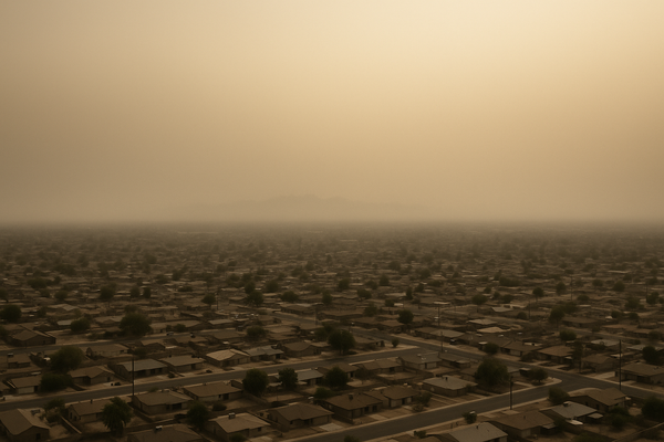 of a hazy desert sky over a flat urban landscape at mid-afternoon, brown particulate haze visible on the horizon, no people