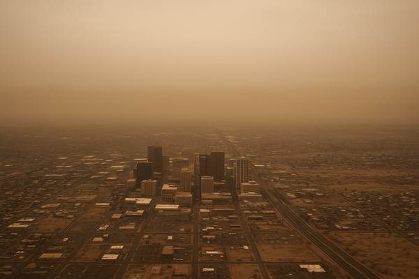 Wide aerial view of a hazy desert city skyline at midday, brown particulate haze visible in the atmosphere, no people, no tex