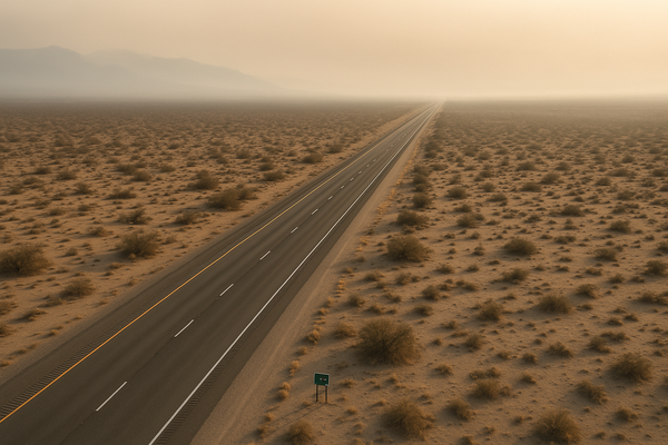 Wide aerial view of a desert highway cutting through dry scrubland at dusk, smoke haze visible on the horizon, no vehicles or