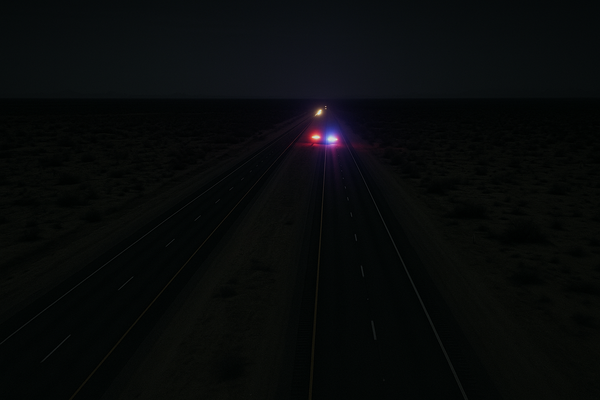 Wide aerial view of a desert interstate highway at night, emergency lights visible in the distance, no people or text