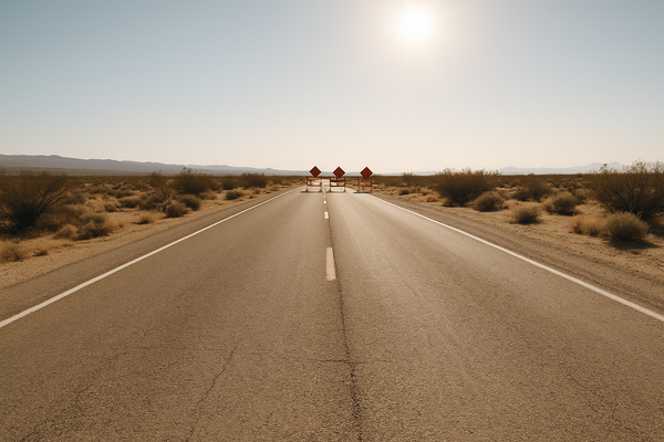 of an empty two-lane desert highway at midday, orange construction signs visible in the distance, dry scrubland on both sides
