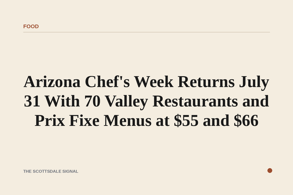 of an empty upscale restaurant patio at dusk, string lights overhead, desert landscaping visible, no people