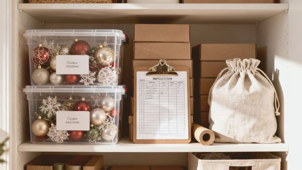 of a holiday floral centerpiece with pinecones, greenery, and red berries on a wooden table, warm indoor light, no people
