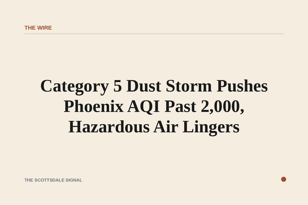 Wide aerial view of a brown dust haze hanging over a desert city at midday, mountains barely visible through the murk, no peo