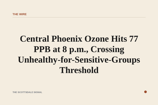 of a hazy late-evening Phoenix skyline silhouette under an orange-brown sky, no people, no text