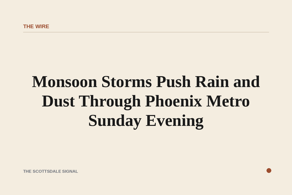 Wide desert sky over a flat urban valley at dusk, dark storm clouds building on the horizon with visible rain curtains and a