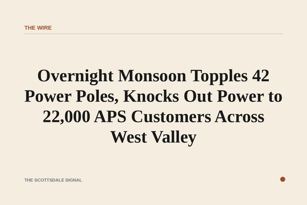 of downed utility poles along a desert road at dawn, warm orange sky, no people