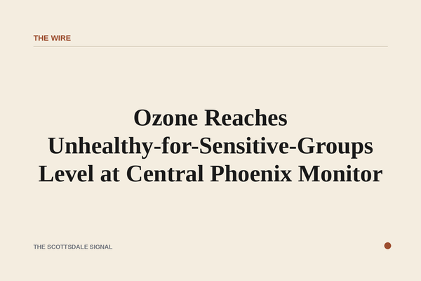 of a hazy Phoenix valley at dusk, orange-tinted sky, mountain silhouettes in the distance, no people