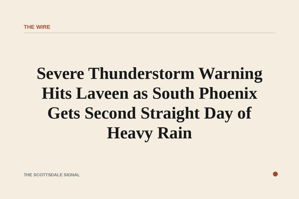 of a dark monsoon sky over a flat desert landscape at dusk, heavy rain visible in the distance, no people