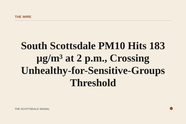 of a hazy desert sky over a flat urban landscape at midday, brown particulate haze visible on the horizon, no people