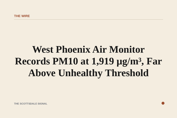 of a hazy desert sky over a flat urban grid at dawn, orange-brown particulate haze obscuring distant mountains, no people