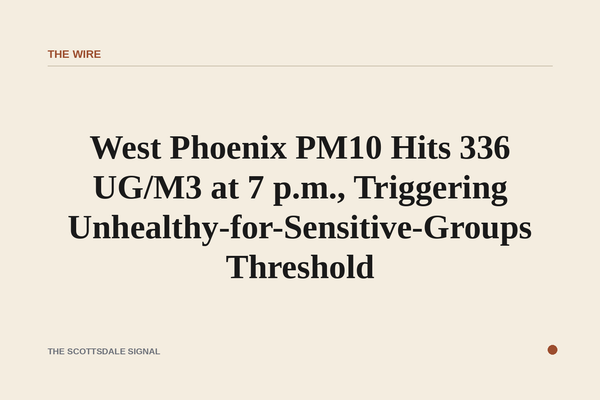 of a hazy desert sky at dusk over a flat urban landscape, orange-brown particulate haze obscuring the horizon, no people
