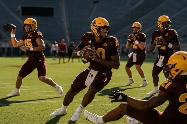ASU Football Opens Fall Camp With Four-Way Quarterback Battle Entering Dillingham's Fourth Year. Cutter Boley took first-t…