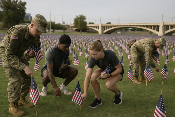 ASU ROTC Students and Athletes Plant Thousands of Flags at Tempe Beach Park for Annual 9/11 Tribute. The Tempe Healing Fie…