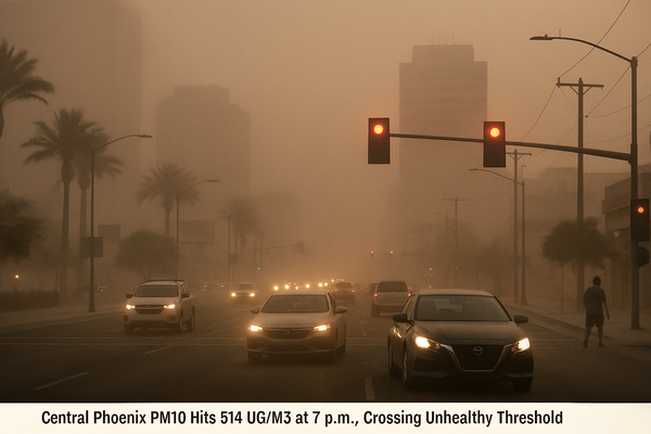 Central Phoenix PM10 Hits 514 UG/M3 at 7 p.m., Crossing Unhealthy Threshold. Maricopa County Air Quality Department monito…