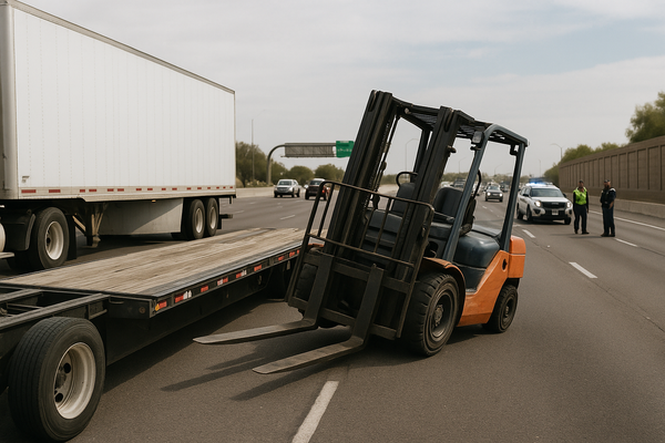 Forklift Drops From Trailer, Blocks Two Lanes on Southbound Loop 202 Near Elliot Road. A pickup towing a forklift lost con…