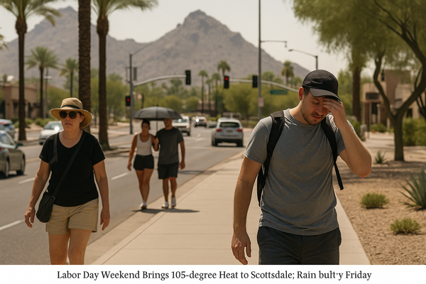 Labor Day Weekend Brings 105-Degree Heat to Scottsdale; Rain Chances Build by Friday. Clear skies and triple-digit tempera…