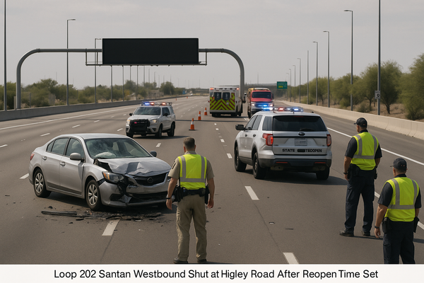 Loop 202 Santan Westbound Shut at Higley Road After Crash, No Reopen Time Set. ADOT has closed westbound lanes at milepost…