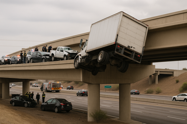 Multi-Vehicle Crash Leaves Commercial Truck Dangling From I-10 Overpass at University Drive. Phoenix police and fire respo…