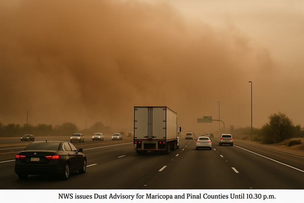 NWS Issues Dust Advisory for Maricopa and Pinal Counties Until 10:30 p.m.. A wall of dust moving west at 30 mph cut visibi…