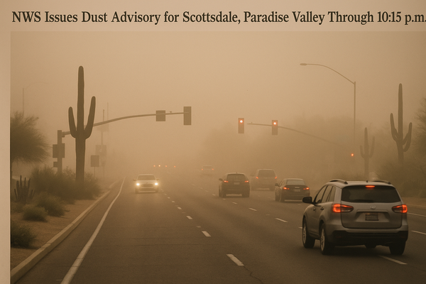 NWS Issues Dust Advisory for Scottsdale, Paradise Valley Through 10:15 p.m.. A wall of dust moving north at 30 mph cut vis…