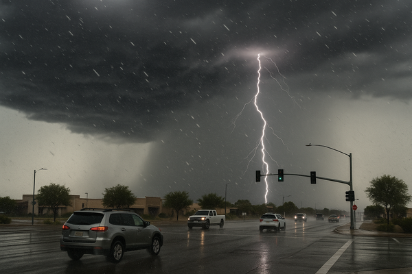 NWS Tracks Strong Thunderstorm Near Avondale With Wind Gusts, Hail, and Lightning. A storm over Estrella Mountain Park pro…